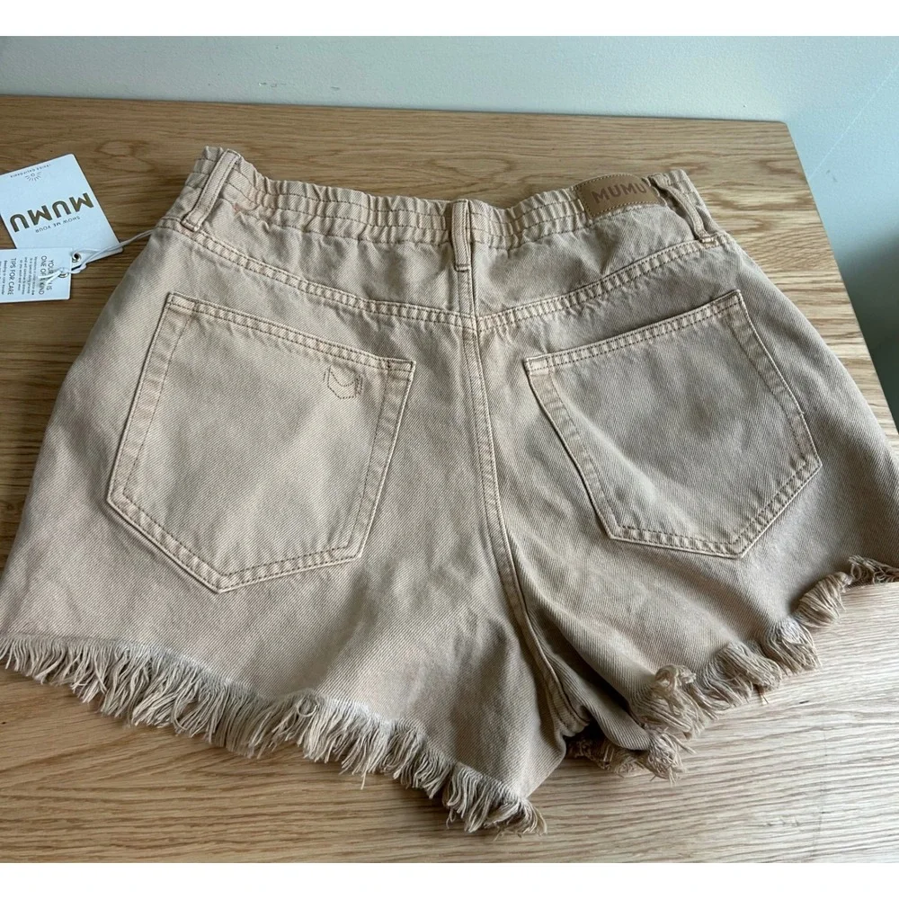 NWT Mumu‎ Denim Shorts Distressed Frayed Hem High Waist Casual Tan Sz 29  6/8